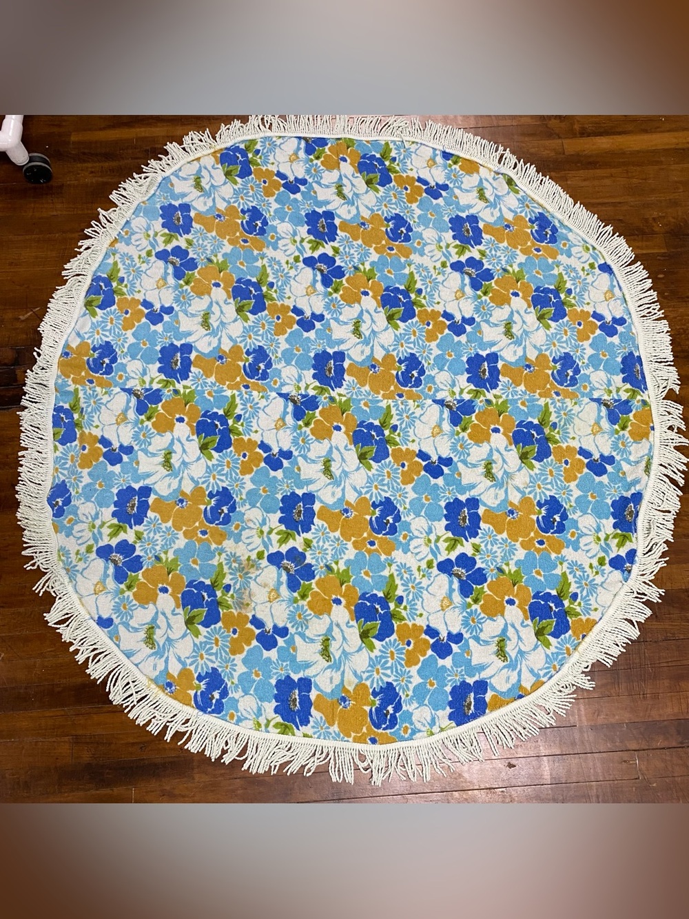 Vintage Terry Cloth Blue Floral Round Fringe Tablecloth 65” x 62”